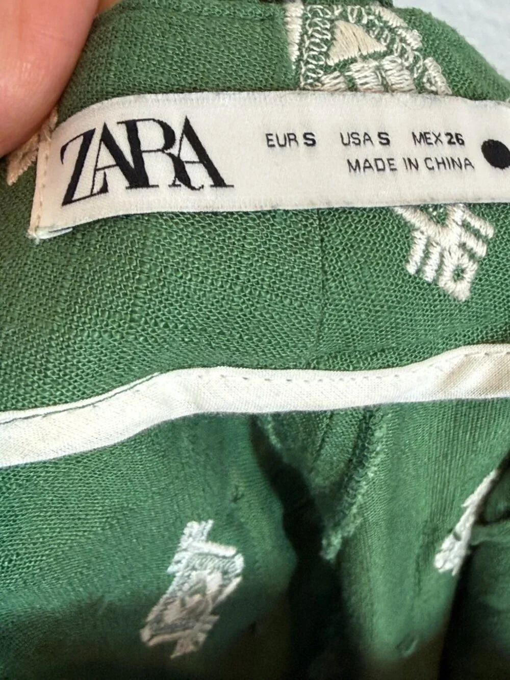 Zara Embroidered Trousers Size Small Green Pants Linen Cropped Wide Leg Coolots